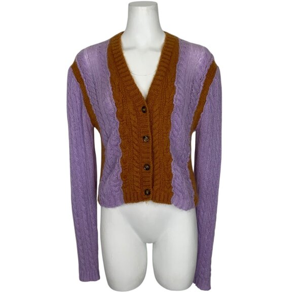 Urban Outfitters UO Tach Clothing Rosa Cardigan Sweater L Lilac Brown Cable Knit - Picture 1 of 12